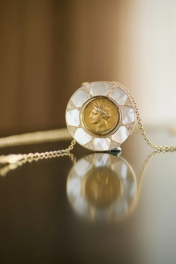 Tanit gold coin necklace beauty image 01