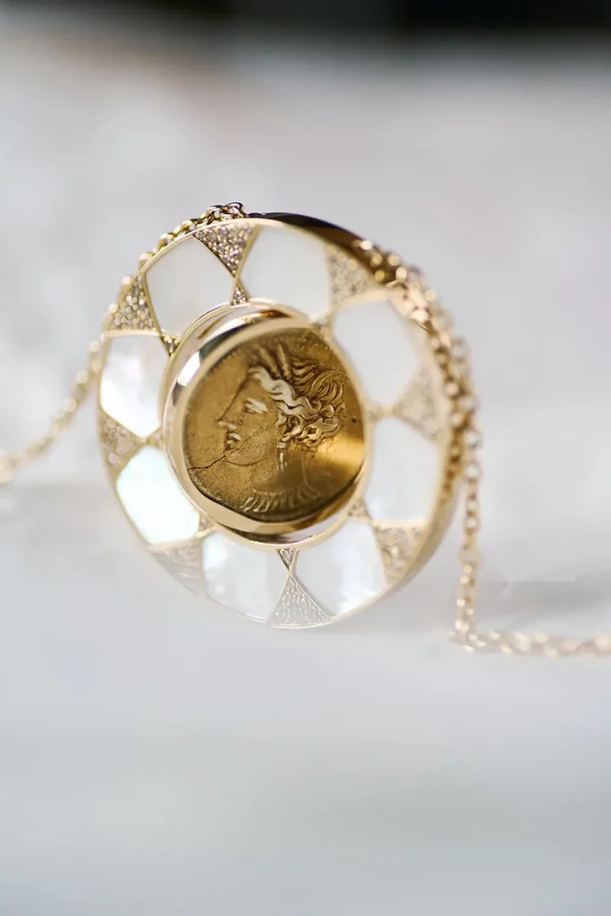 Tanit gold coin necklace beauty image 02
