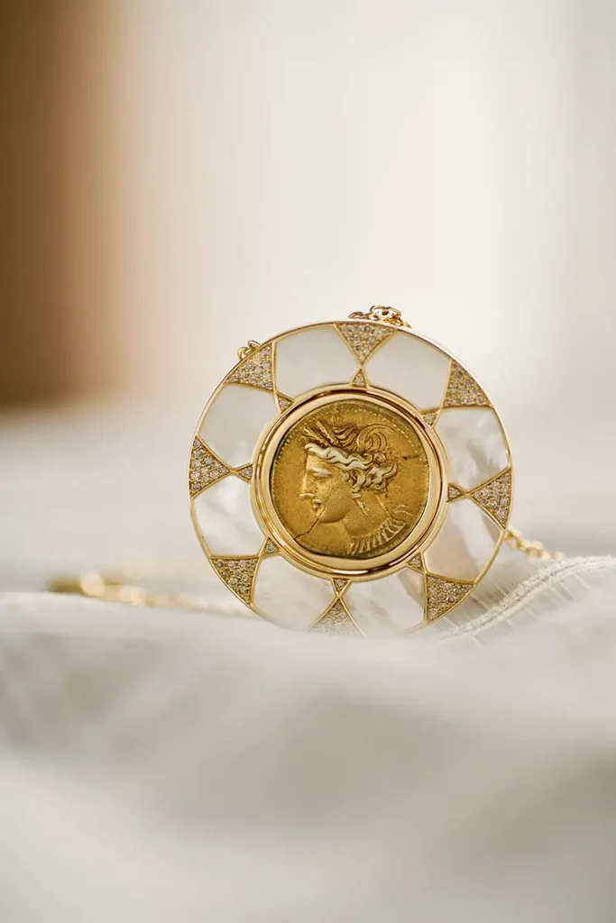 Tanit gold coin necklace beauty image 04