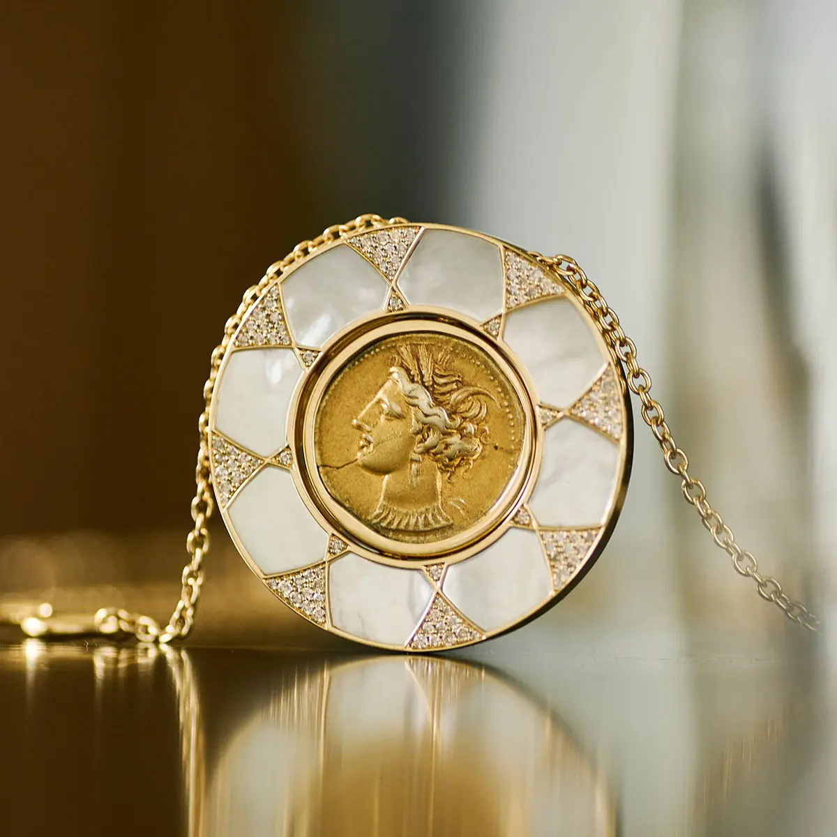 Tanit gold coin necklace portrait image square